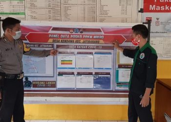 Bhabinkamtimbas Polsek Jatibarang Sambangi Posko PPKM Mikro Di Desa Binaanya